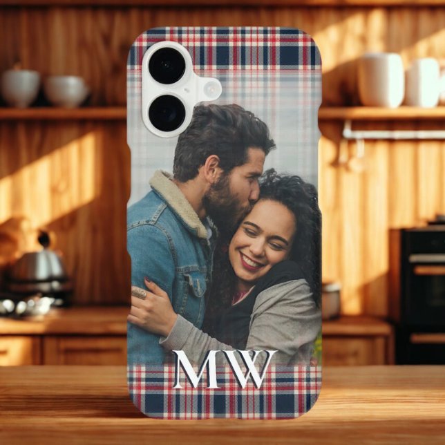 Preppy Plaid Pattern Monogrammed Photo Elegant  Case-Mate iPhone Case (Creator Uploaded)