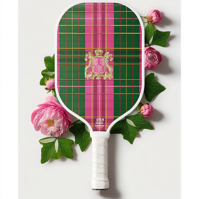 Preppy Plaid Pink and Green Monogrammed  Carbon Fiber Pickleball Paddle (Stylish Preppy Pink and Green Plaid Pickleball Paddle )