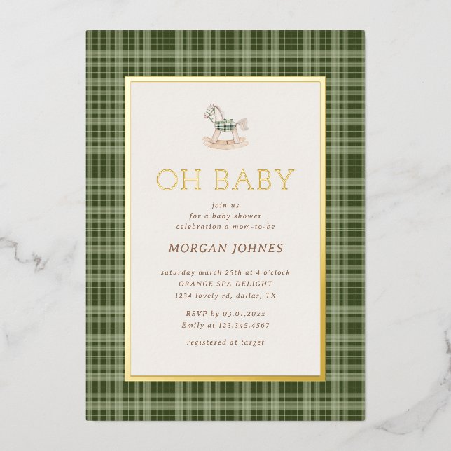 Preppy Plaid Rocking Horse Baby Shower Foil Invitation (Front)