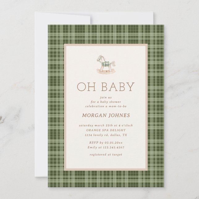 Preppy Plaid Rocking Horse Baby Shower Invitation (Front)