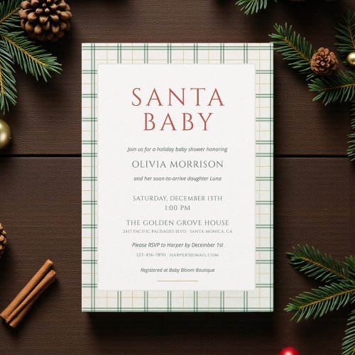 Christmas Santa Baby Gingham or plaid baby shower invitation