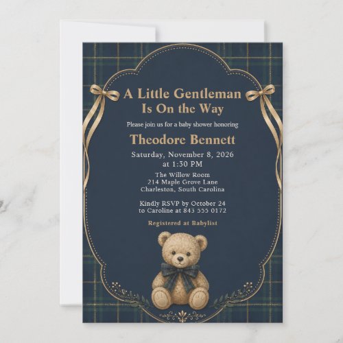 Preppy Plaid Teddy Bear Baby Shower Invitation
