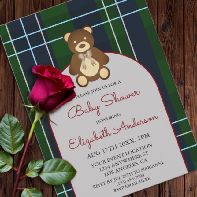 Preppy Plaid Teddy Bear Baby Shower Invitation (Creator Uploaded)