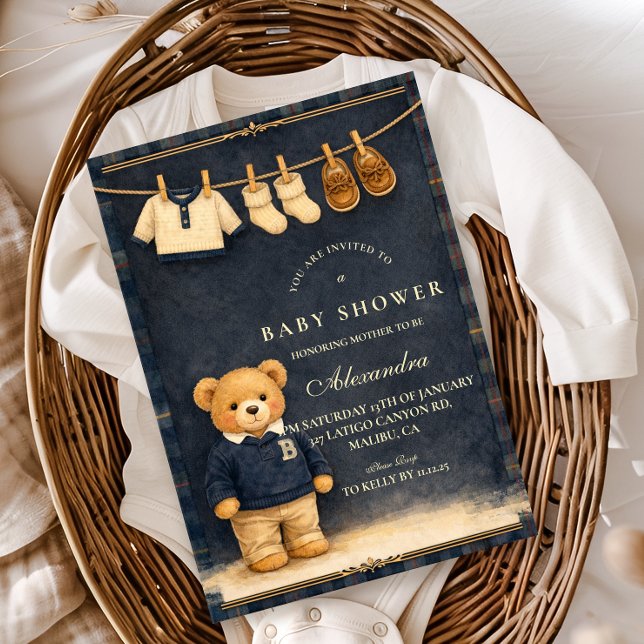 Preppy Plaid Teddy Bear Baby Shower Invitation (Creator Uploaded)