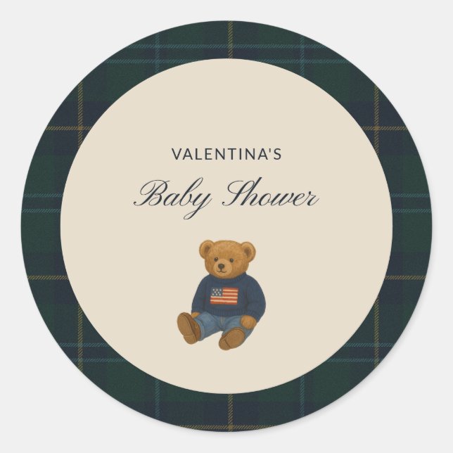 Preppy Plaid Teddy Bear Baby Shower Stickers (Front)