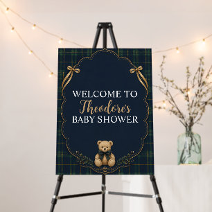 Preppy Plaid Teddy Bear Baby Shower Welcome Sign