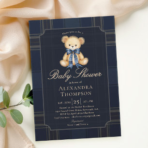 Preppy Plaid Teddy Bear Bow Blue Boy Baby Shower Invitation