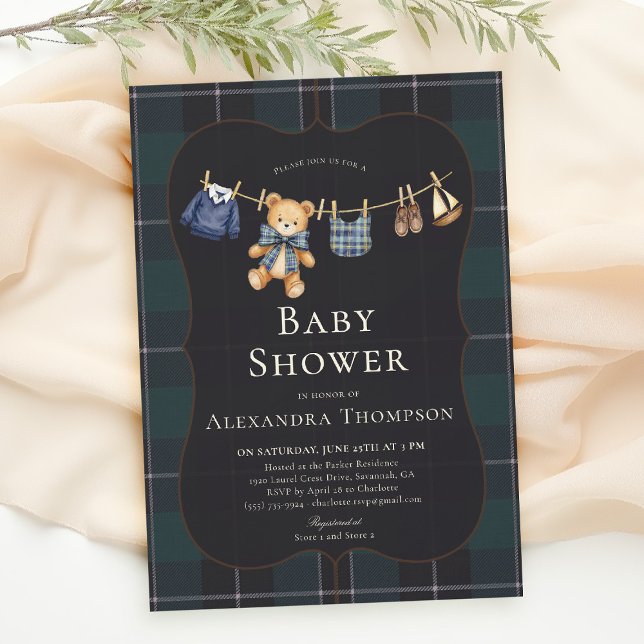 Preppy Plaid Teddy Bow Clothesline Boy Baby Shower Invitation (preppy baby shower invitation teddy bear blue plaid bow elegant country club clothesline)