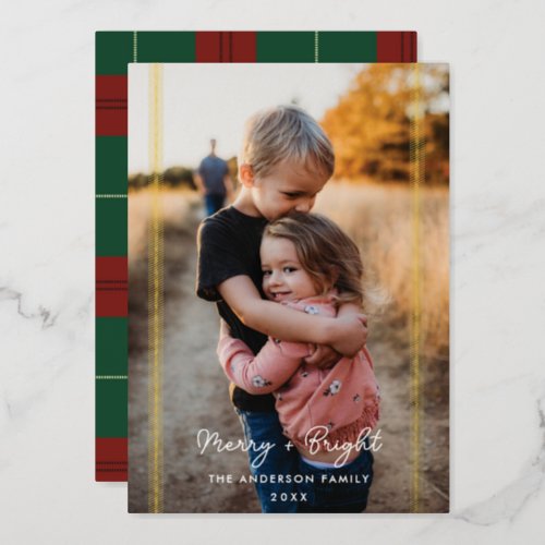 Preppy Plaid Two Photo Vertical Foil Holiday Card
