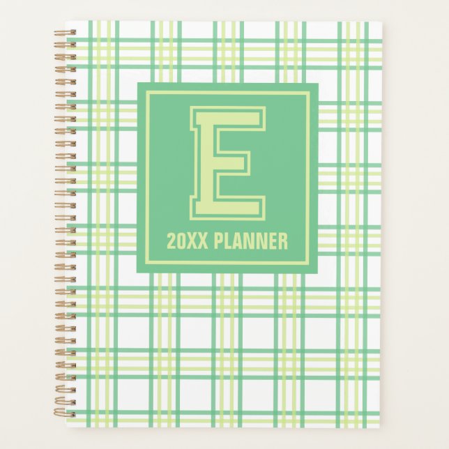 Preppy Plaid Varsity Monogram Green Lime Planner (Front)