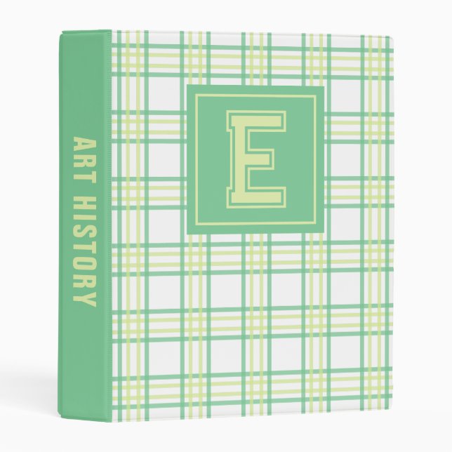 Preppy Plaid Varsity Monogram Green Lime School Mini Binder (Front/Spine)