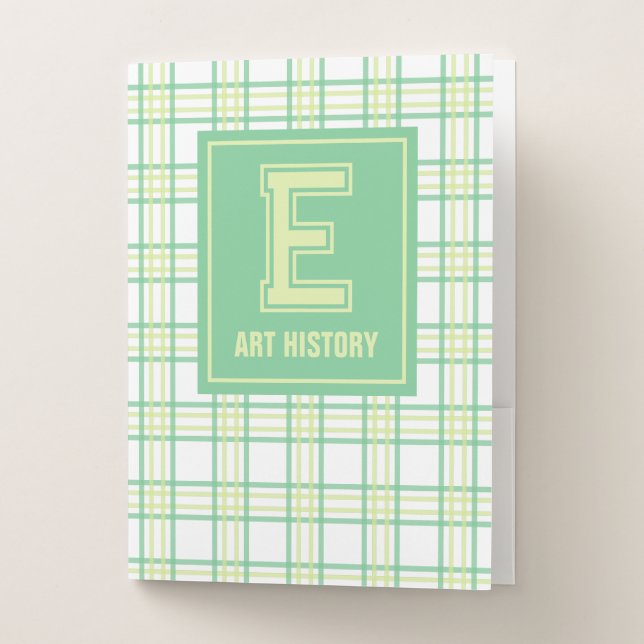 Preppy Plaid Varsity Monogram Green Lime School Pocket Folder (Front)