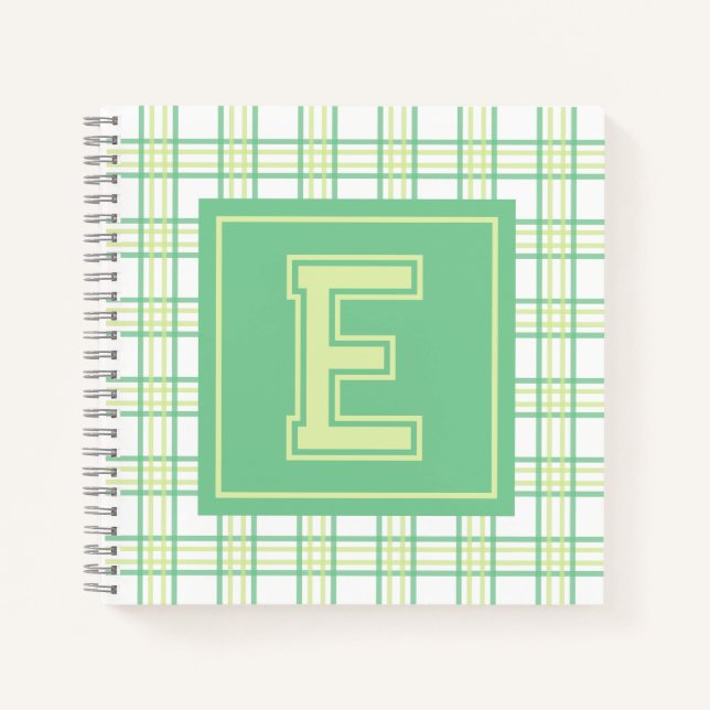 Preppy Plaid Varsity Monogram Green Lime Square Notebook (Front)