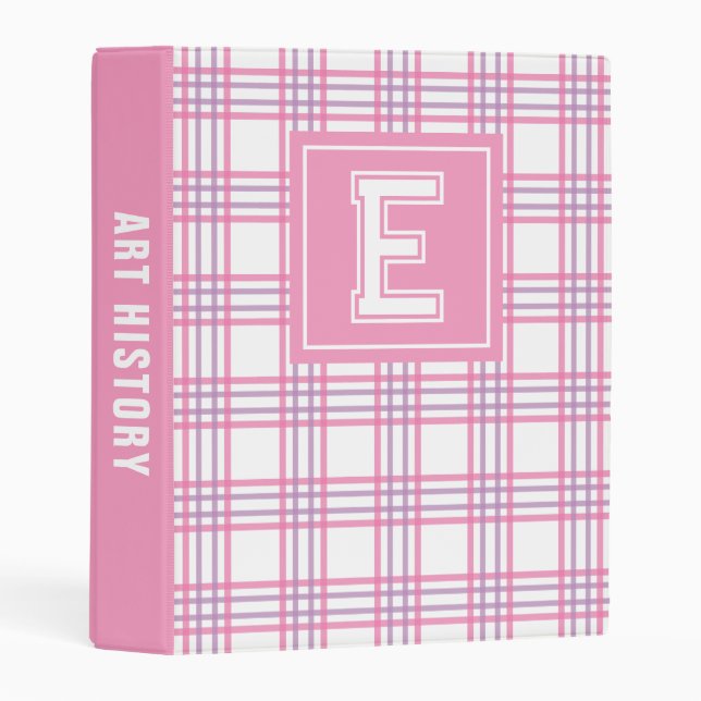 Preppy Plaid Varsity Monogram Pink Purple School Mini Binder (Front/Spine)