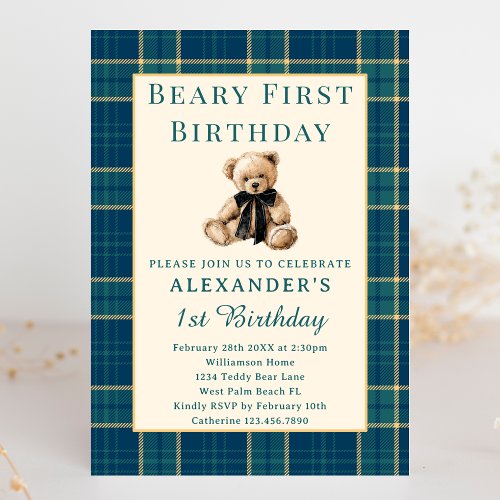 Preppy Plaid Vintage Beary First Boy 1st Birthday