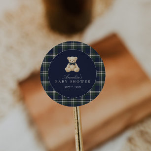 Preppy Polo Tartan Teddy Bear Boy Baby Shower Classic Round Sticker