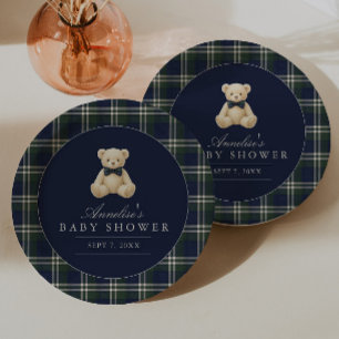 Preppy Polo Tartan Teddy Bear Boy Baby Shower Paper Plates