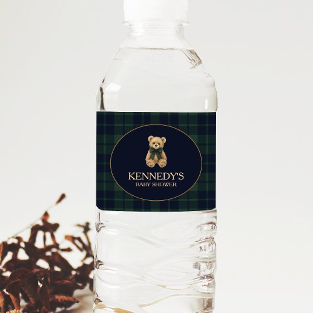 Preppy Polo Teddy Bear Baby Shower Water Bottle Label (Creator Uploaded)