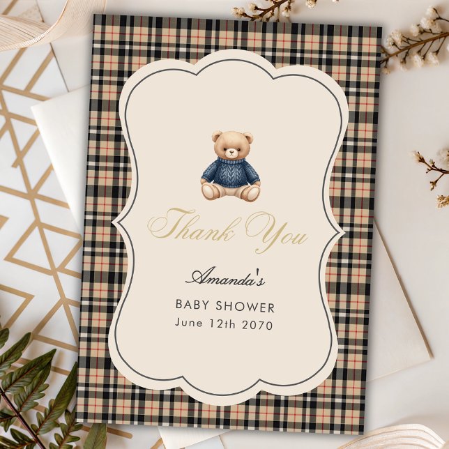 Preppy Polo Teddy Bear Luxury Beige Baby Shower Thank You Card (Creator Uploaded)