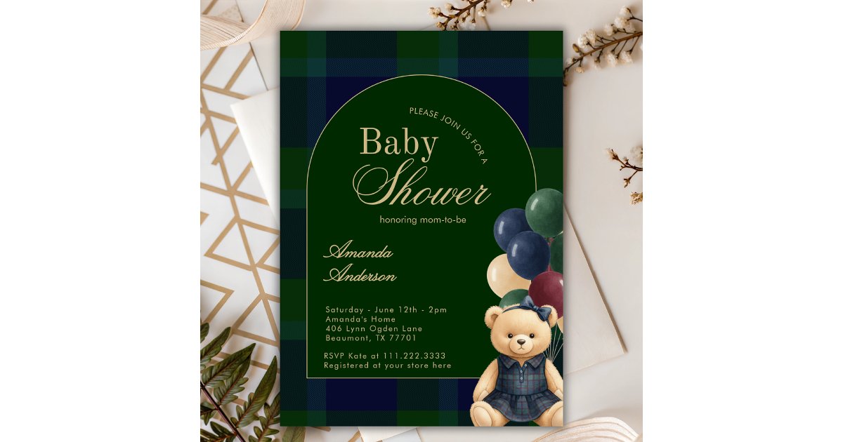 Preppy Polo Teddy Bear Luxury Girl Baby Shower Invitation | Zazzle