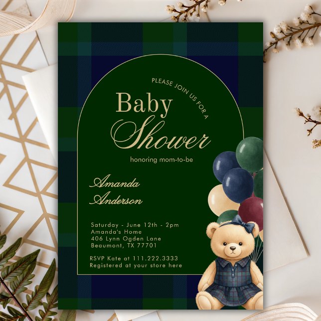 Preppy Polo Teddy Bear Luxury Girl Baby Shower Invitation (Creator Uploaded)