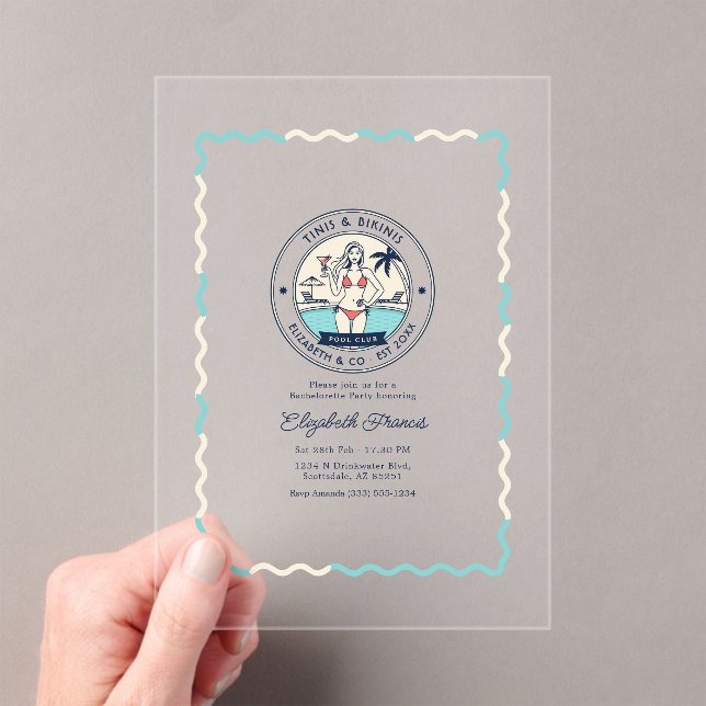 Preppy Pool Club Tinis & Bikinis Bachelorette Acrylic Invitations (Insitu (Handheld))