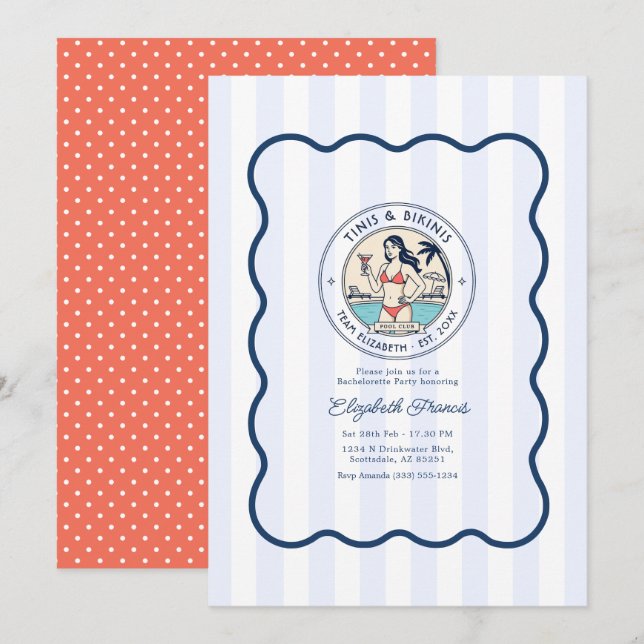 Preppy Pool Club Tinis & Bikinis Bachelorette Invitation (Front/Back)