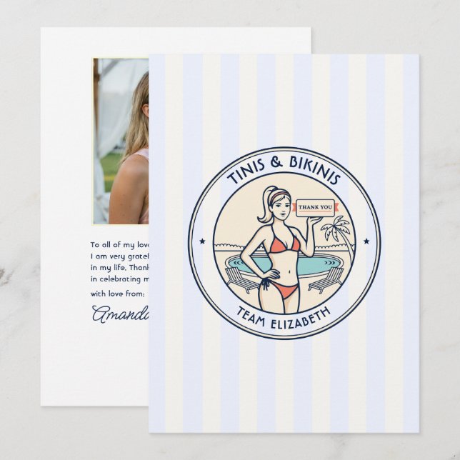 Preppy Pool Club Tinis & Bikinis Bachelorette Thank You Card (Front/Back)