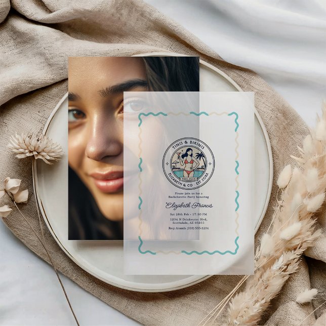 Preppy Pool Club Tinis & Bikinis Bachelorette Vellum Invitations (Preppy Pool Club Tinis & Bikinis Bachelorette Vellum Invitations)