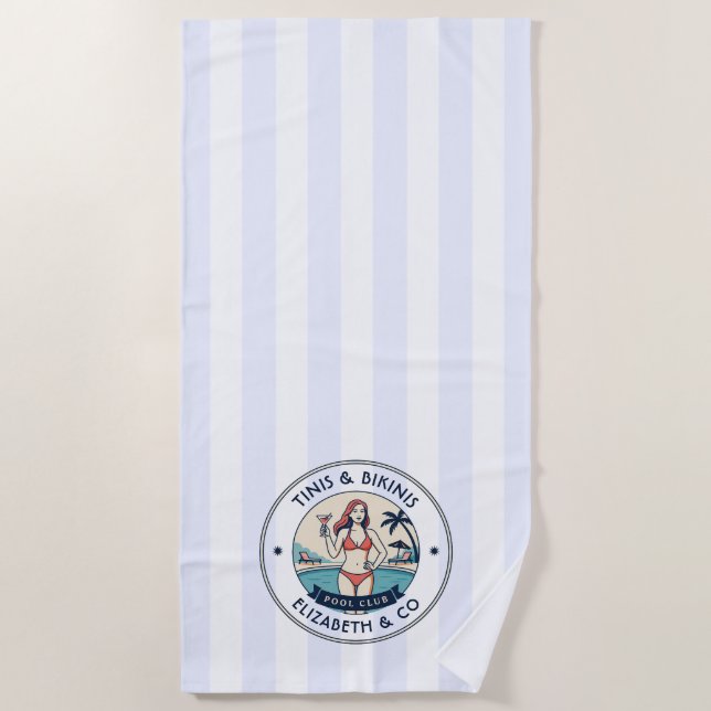 Preppy Pool Club Tinis & Bikinis Personalized Beach Towel (Front)