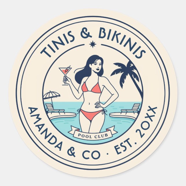 Preppy Pool Club Tinis & Bikinis Team Bride Classic Round Sticker (Front)