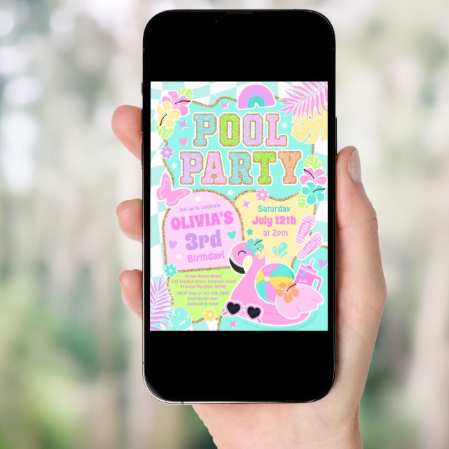 Preppy Pool Party Trendy Cute Girly Pool Birthday Invitation (Front Digital)