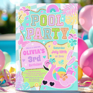 Preppy Pool Party Trendy Cute Girly Pool Birthday Invitation