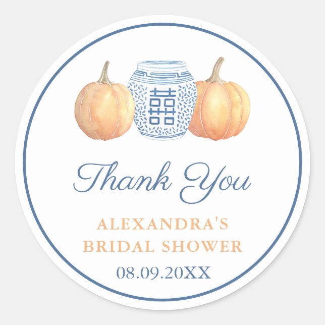 Preppy Pumpkin Blue And White Bridal Shower Favor  Classic Round Sticker (Front)
