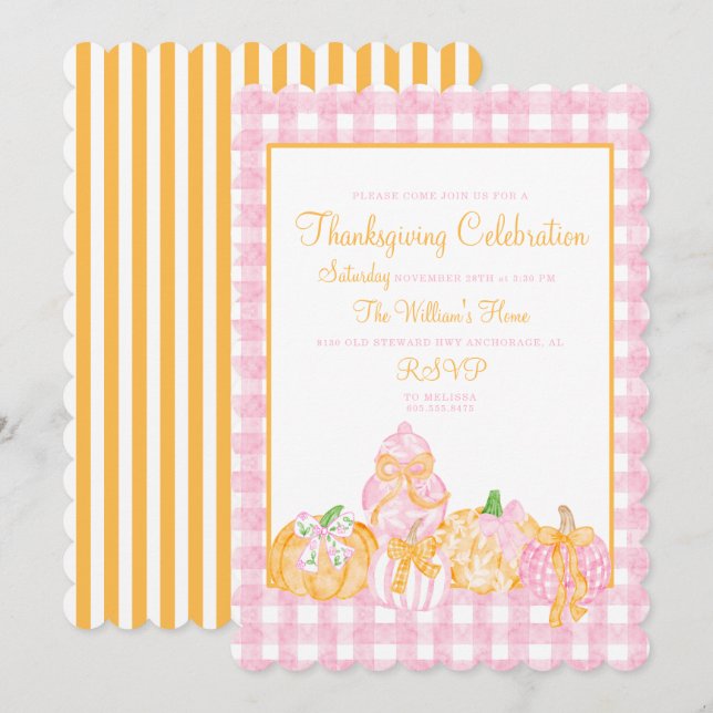 Preppy Pumpkin Bows Thanksgiving Celebration Party Invitation (Front/Back)