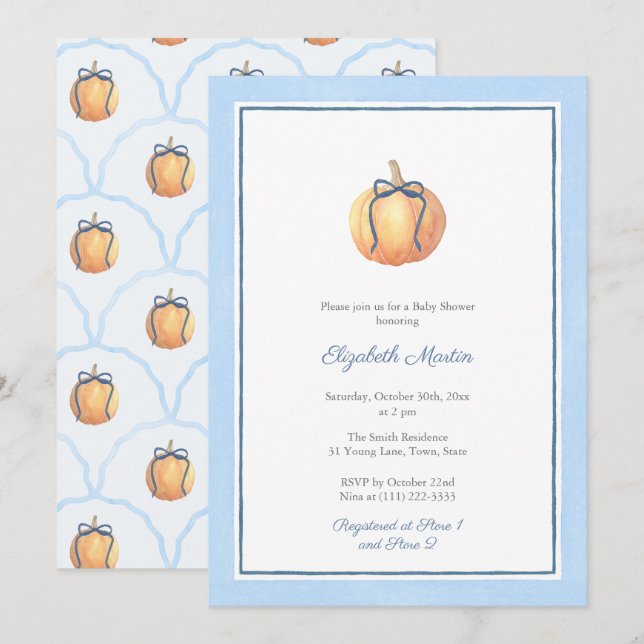 Preppy Pumpkin With Blue Bow Baby Shower For Boy Invitation (Front/Back)