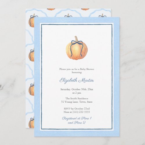 Preppy Pumpkin With Blue Bow Baby Shower For Boy Invitation