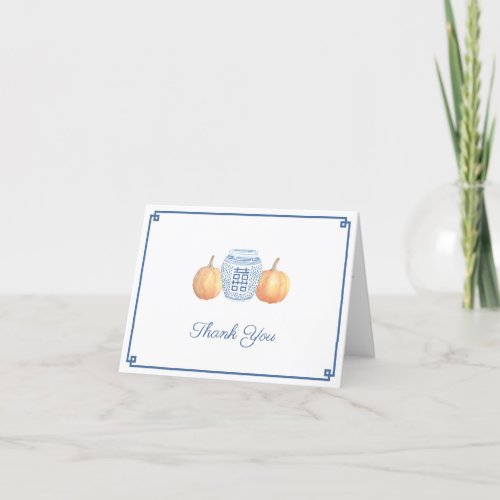 Preppy Pumpkins Blue White China Fall Baby Shower Thank You Card