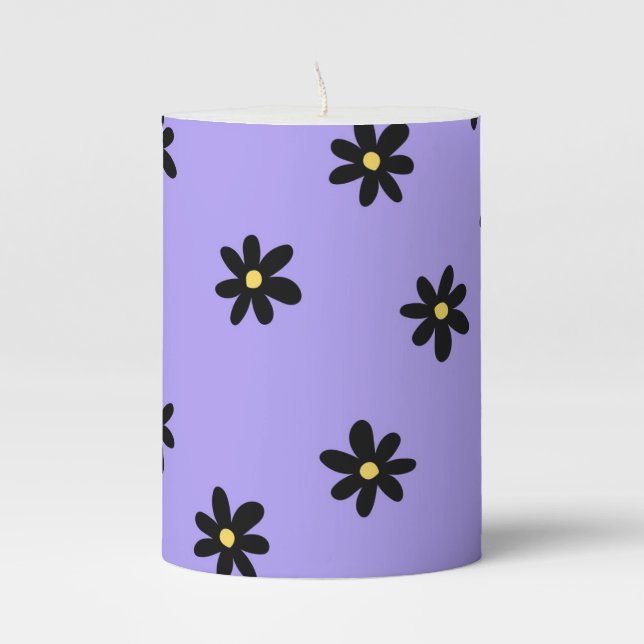 Preppy Purple Black Floral Simple Flower Pattern Pillar Candle (Front)