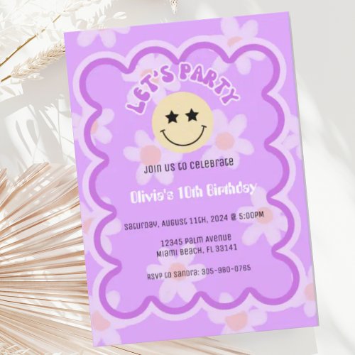 Preppy Purple Daisy Y2K Happy Face Party Birthday Invitation