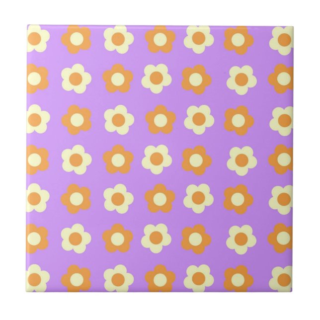 Preppy Purple Orange Floral Simple Flower Pattern Ceramic Tile (Front)