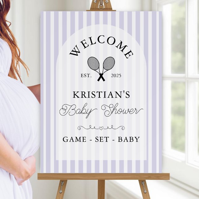 Preppy Purple Tennis Baby Shower Welcome Sign (elegant purple and white striped baby shower welcome sign with chic tennis motif displayed on easel)
