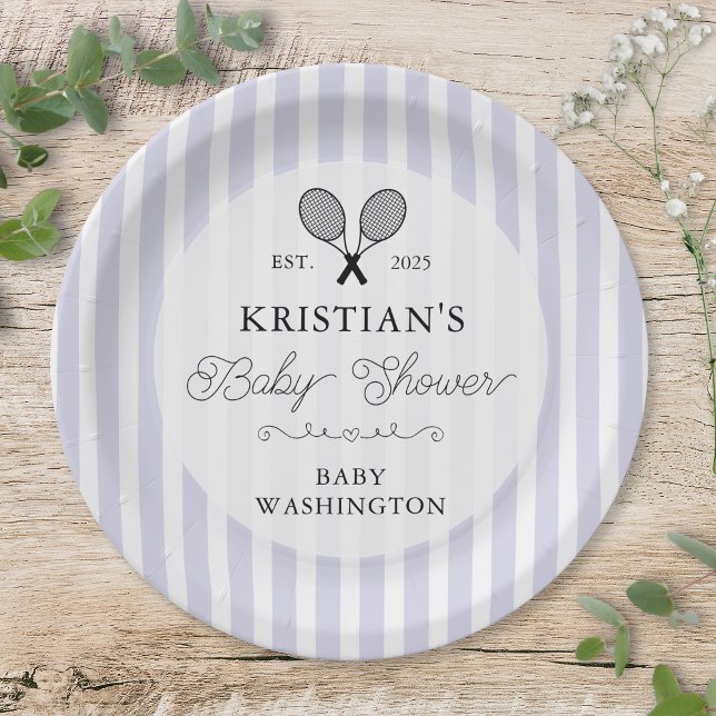 Preppy Purple Tennis Country Club Baby Shower Paper Plates (elegant purple tennis theme baby shower paper plates for chic preppy upscale country club events)