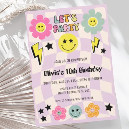 Preppy Purple Y2K Happy Face Party Birthday Invitation