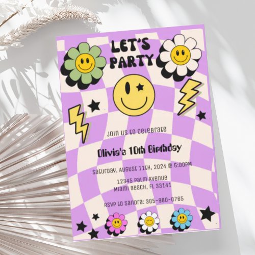 Preppy Purple Y2K Retro Happy Face Party Birthday Invitation