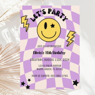 Preppy Purple Y2K Retro Smile Birthday Invitation