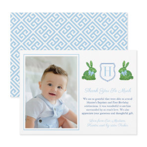 Preppy Rabbit Boy Christening 1st Birthday Party Thank You Card