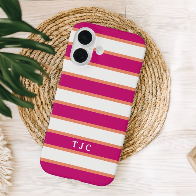 Preppy Raspberry Pink Stripe Monogram Case-Mate iPhone Case (Creator Uploaded)