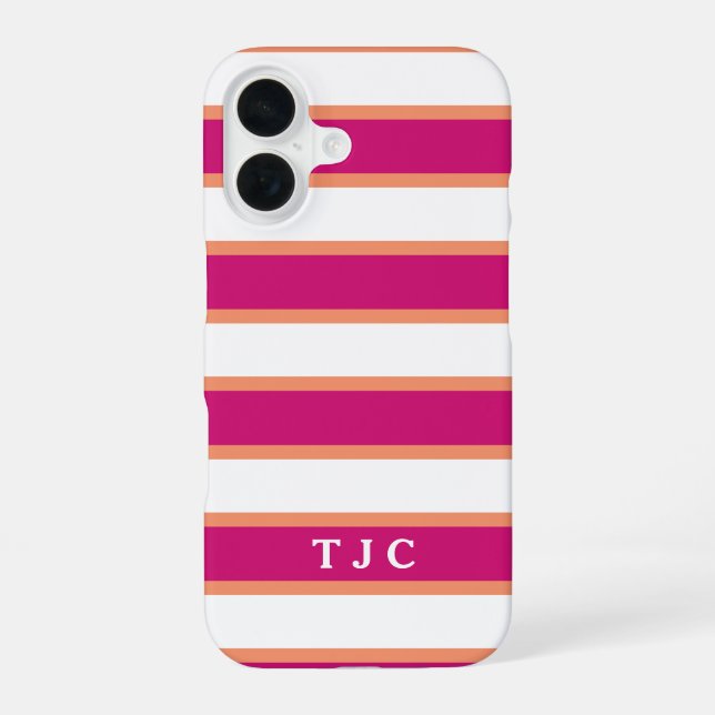 Preppy Raspberry Pink Stripe Monogram Iphone Case (Back)