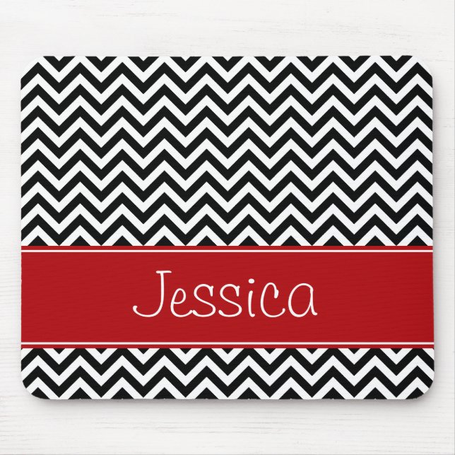 Preppy Red and Black Chevron Zigzag Personalized Mouse Pad (Front)